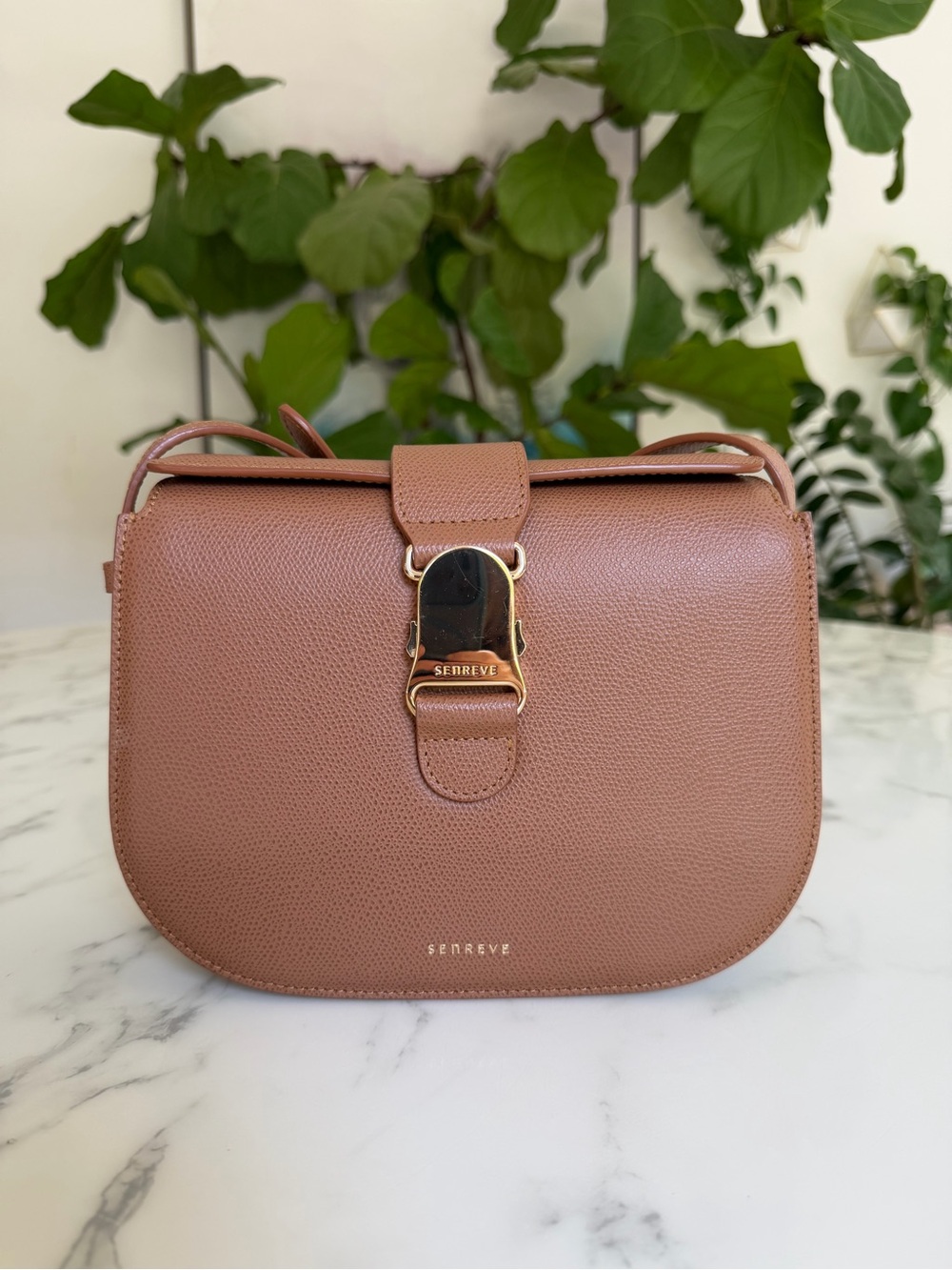 Senreve Cadence Crossbody Shoulder Bag Chestnut Tan Brown Pebbled Leather & Gold